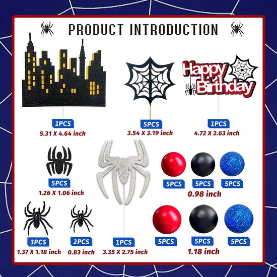 Productintroductie van spinnen- en stadsdecoraties met "Happy Birthday"-tekst, diverse spinnen, webben en ballen in rood, zwart en blauw.