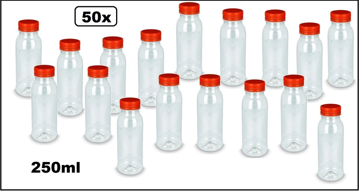 50x Flesje PET 250/300cc met oranje dop - 250-300ml - Sap water gerecyclede drink fles vruchten limonade drank festival uitdeel party