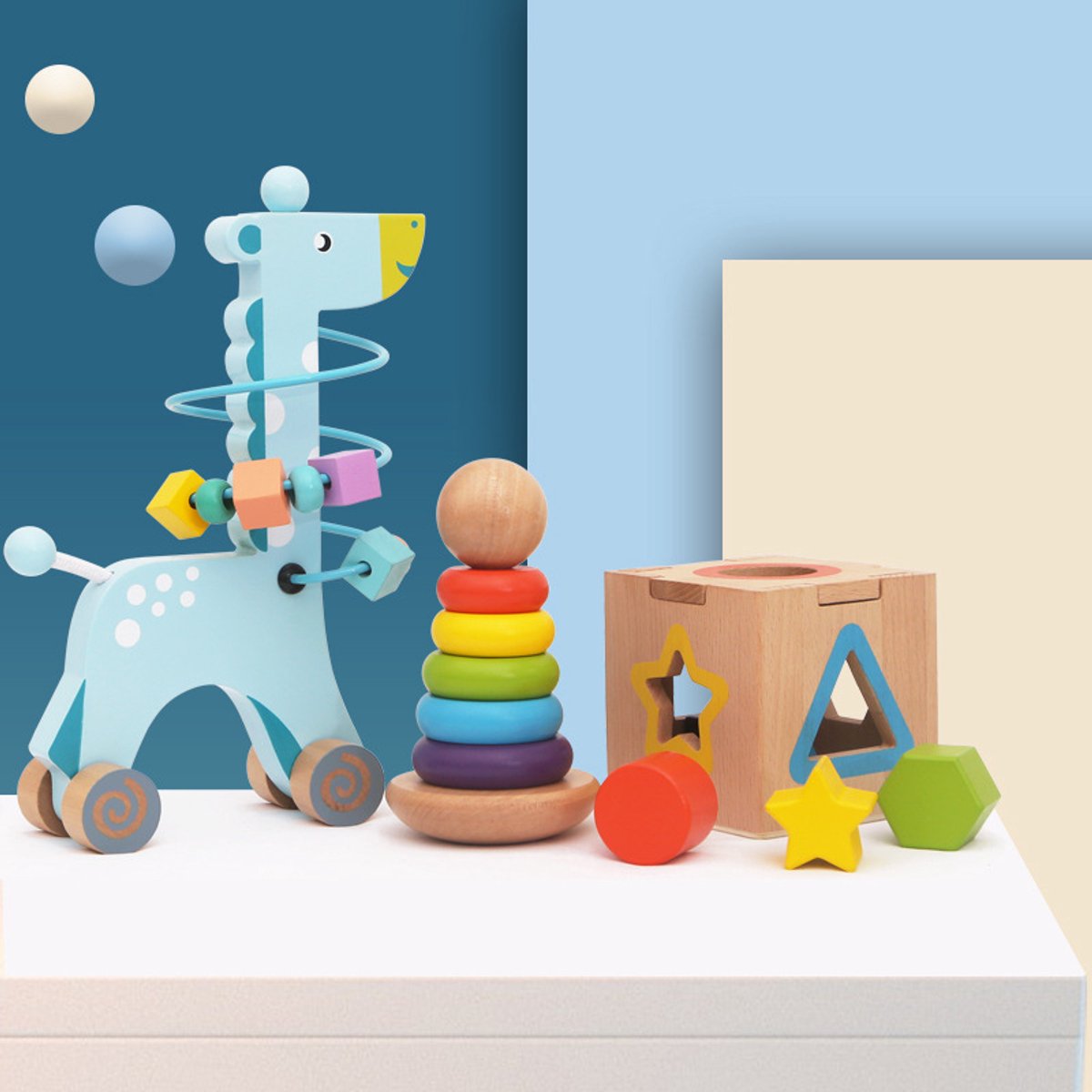 SoNis - Houten Montessori speelgoed 3 in 1 - Houten Stapel toren - Giraf met kralen - Blokken doos- Kubus - Houten speelgoed voor jongens en meisjes - Educatieve speelgoed