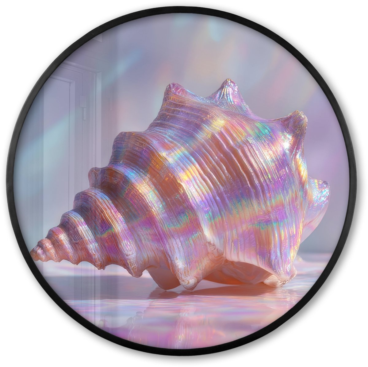 FrameYourWall Poster in lijst Rond - Fotolijst 80x80 cm - Posters - Schelp - Glanzend - Regenboogtinten - Ronde posterlijst zwart - Decoratie - Wanddecoratie woonkamer - Muurdecoratie slaapkamer