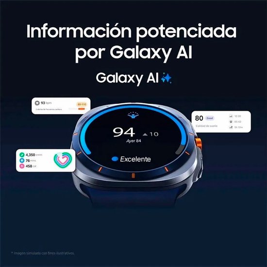 Smartwatch met blauwe band en zilverkleurige kast, toont informatie van Galaxy AI.