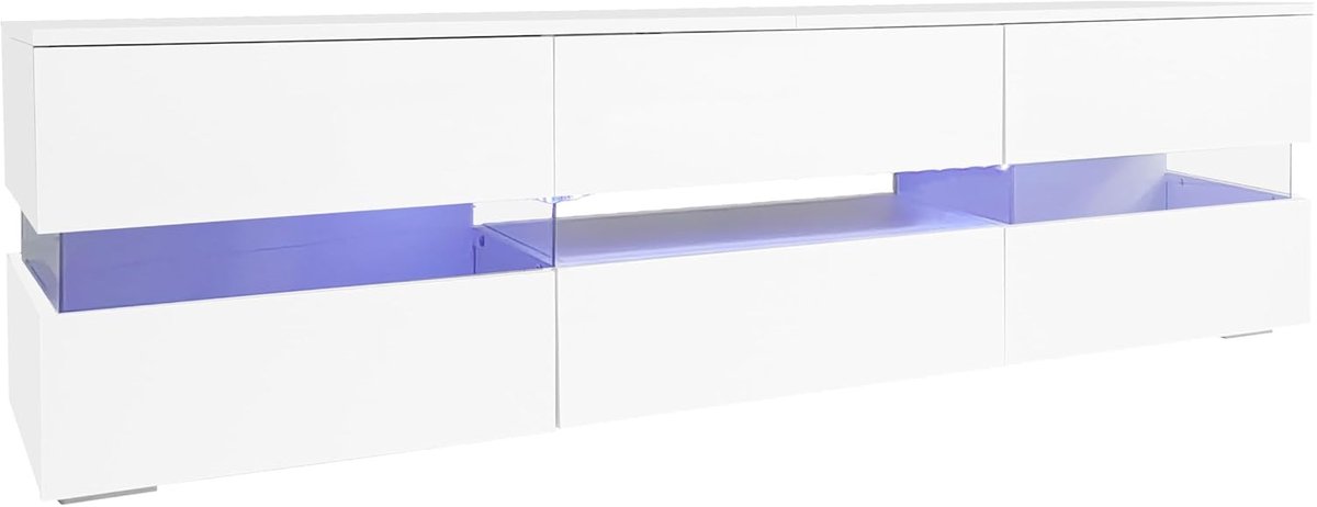 Moderne Witte Hoogglans TV-Kast met LED Verlichting – 160 cm – Geschikt voor 70 inch TV – Acryl Glazen Deuren – 2 Deuren + 1 Lade – Open Vak – Push-to-Open – Luxe TV Meubel – Altameubel