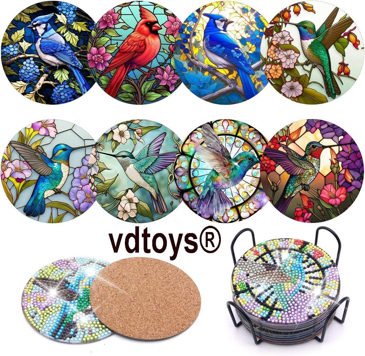 VDTOYS® DIAMOND PAINTING voor volwassenen - Onderzetters - Coasters - Onderleggers - Ronde steentjes - 8 stuks - Compleet Hobbypakket - set D Vogels