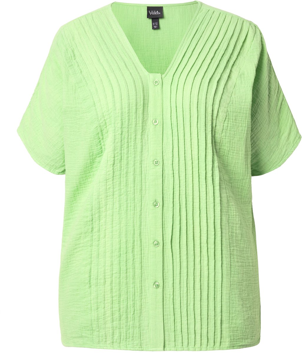Ulla Popken - Dames - Mousseline blouse oversized biesjes V-hals korte mouw - Groen - Maat 42+