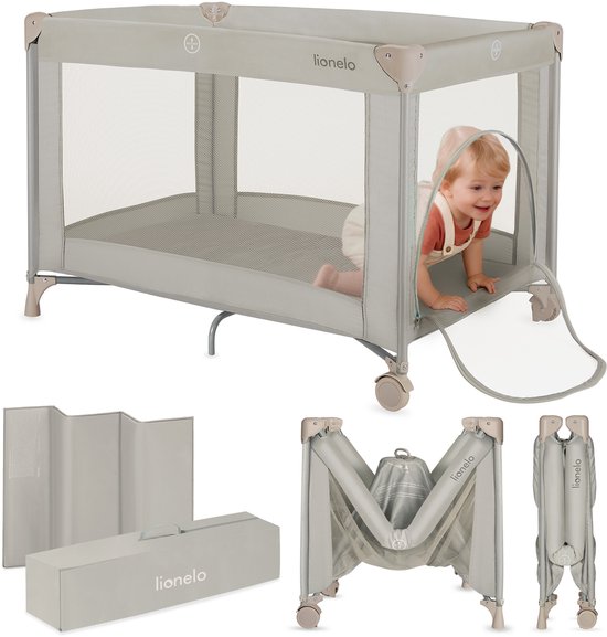Lionelo Campingbedje 3in1: Baby bed + Reisbedje + Box – met Comfortabele Matras – Compact en Licht – Opvouwbaar – Zij-ingang – Stalen Frame – Reistas – Tot 15 kg – 70 x 100 cm – Lionelo Amelie