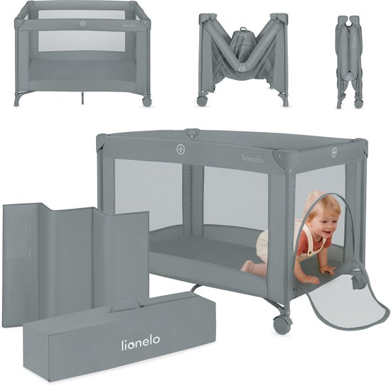Lionelo Campingbedje 3in1: Baby bed + Reisbedje + Box – met Comfortabele Matras – Compact en Licht – Opvouwbaar – Zij-ingang – Stalen Frame – Reistas – Tot 15 kg – 70 x 100 cm – Lionelo Amelie