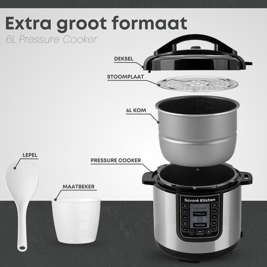 Onderdelen van de 6L snelkookpan: deksel, stoomplaat, 6L kom, lepel en maatbeker.