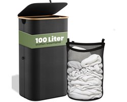 Nince Wasmand - 1 Vak - 100L - Met Deksel - Wassorteerder - Uitneembare Waszakken - Bamboe - Opvouwbaar - Zwart