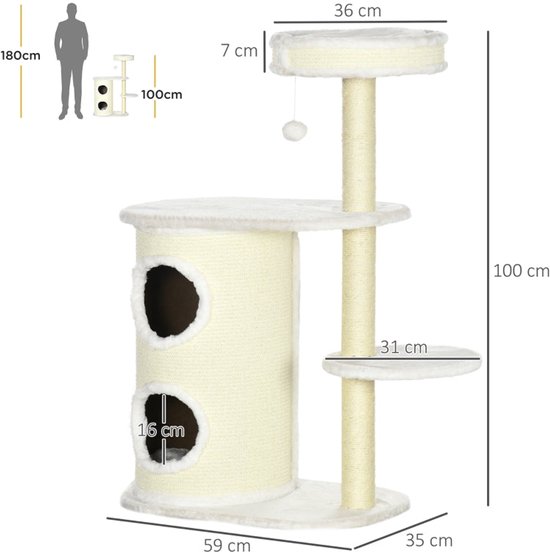 Heybly Krabpaal Voor Katten – 100 Cm Hoog Met Groot Platform, Hol Kattennest, 2 Hangmatten En Speeltjes – Klimboom Voor Binnen (beige-bruin)