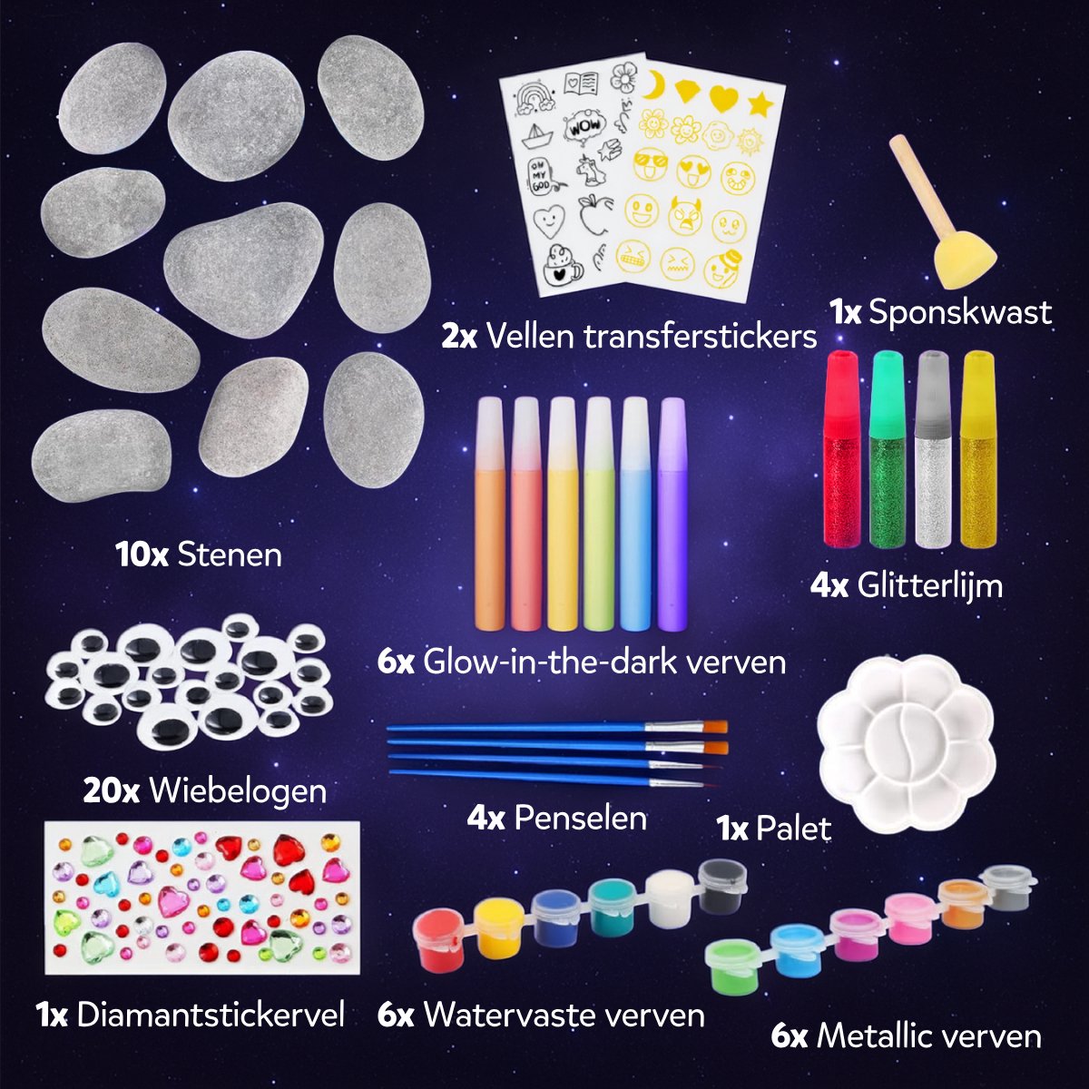 Vaive Stenen Schilderen 61-delig – Glow in the Dark Happy Stones – Knutselen - Knutselset voor Meisjes & Jongens - Knutselpakketten — afbeelding 5