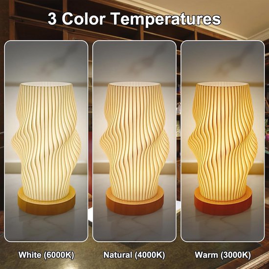 Dimbare Bedlamp met Houten Basis en 3 Kleuren - Slaapkamertafellamp met Knopbediening van Merkloos — afbeelding 2