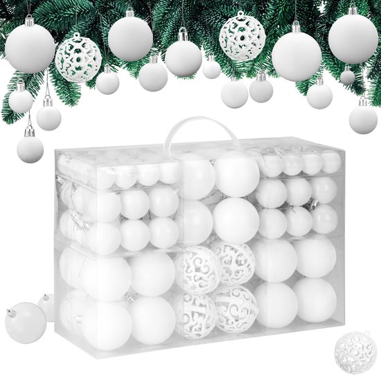 Transparante doos met 100 witte kerstballen in diverse maten en vormen.