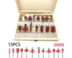 Bovenfrezenset 15 delig - Frezenset 15-delig - Frezenset voor bovenfrees - Schachtdiameter 6mm in hout koffer