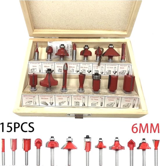 Houten kist met 15 stuks 6mm schacht bovenfrezen, rood en zilver. Teksten op de kist geven de typen aan.
