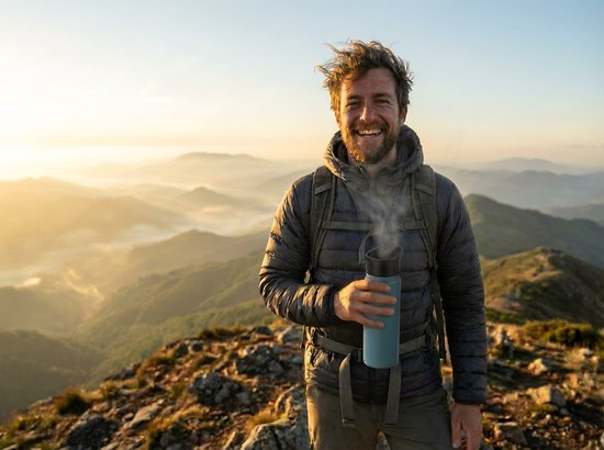 Man met blauwe drinkfles in de bergen bij zonsopgang.