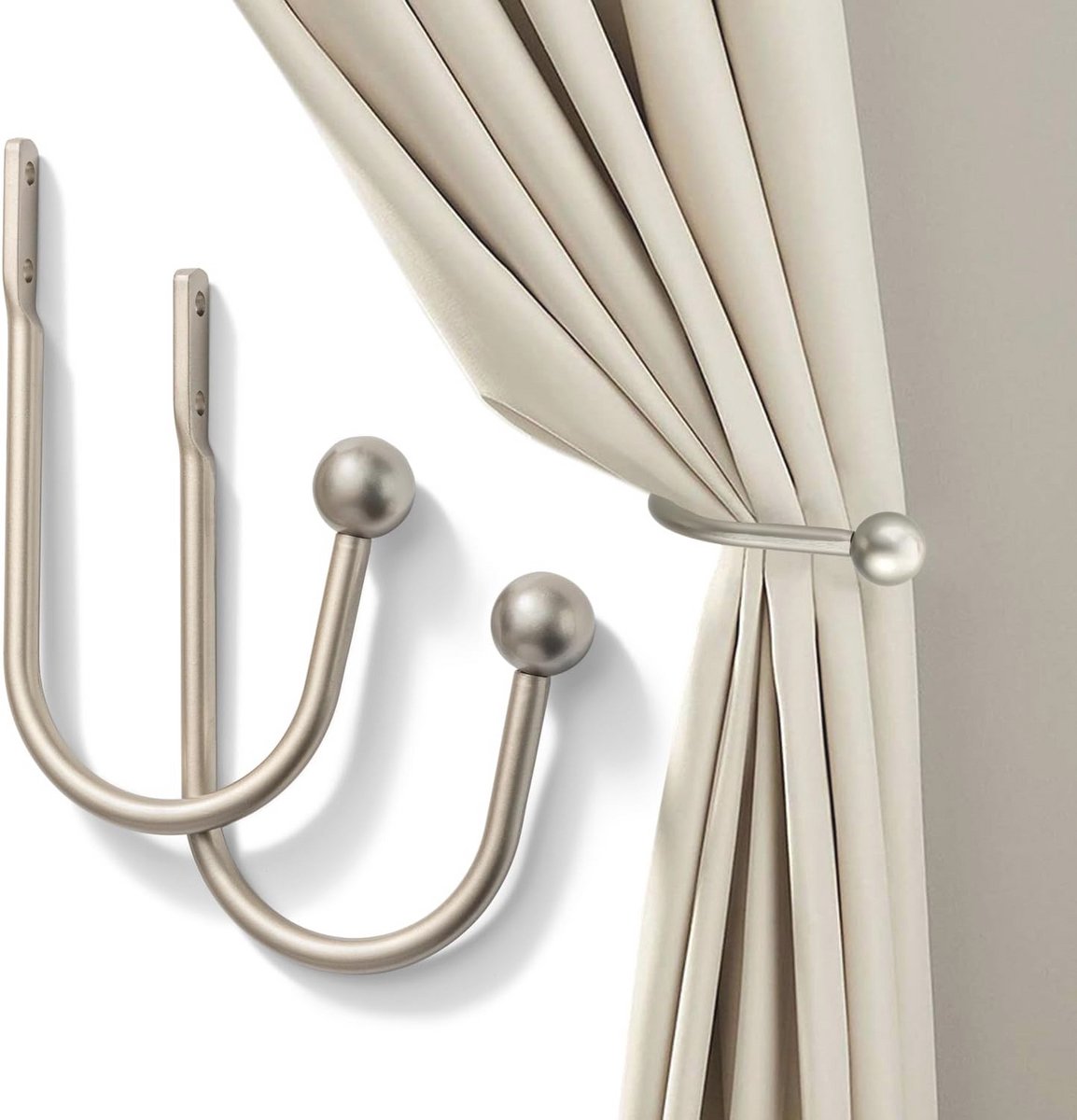 Wandgemonteerde Gordijnhouders - 2 Stuks Zware Metalen Decoratieve Gordijnbinders (Zilver)