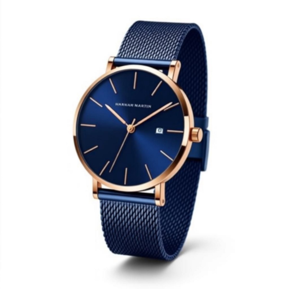 Hannah Martin HM-151 Herenhorloge - Diepblauw Wijzerplaat met Blauw-Rose Mesh Band Luxe Minimalistisch Japans Quartz Uurwerk - Roestvrijstalen Mesh Band - 6 Elegante Kleuren - Tijdloos Design