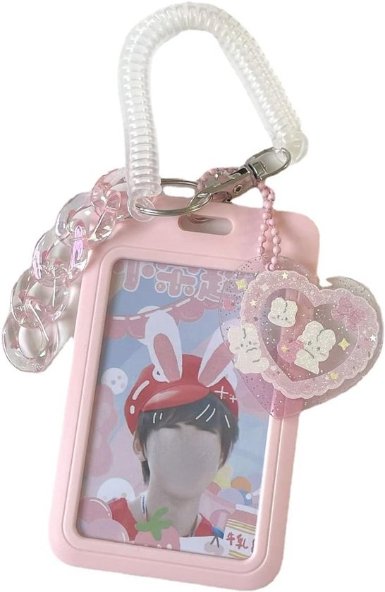 Kpop Photo Card Holder 3 inch Kawaii Acrylic Transparent Keychain Badge Holder Fairycore ID Credit Card Sleeve Cover Indie Protector with Butterfly Pendant (Love Heart, Vertical