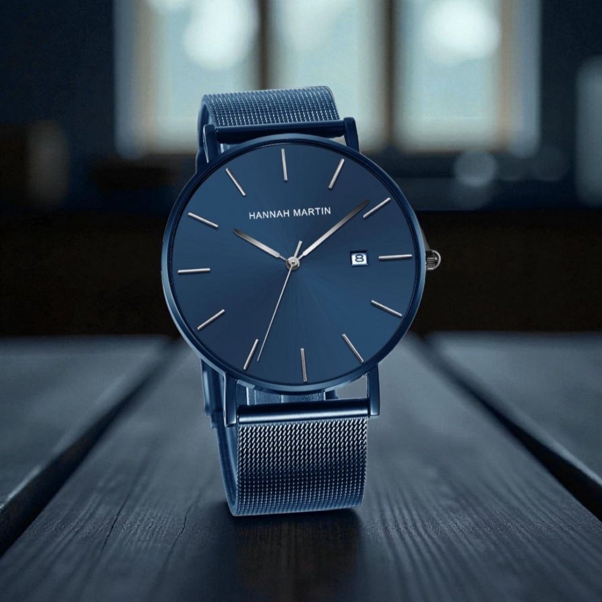 Hannah Martin HM-151 Herenhorloge - Blauw Wijzerplaat met Blauwe Mesh Band Luxe Minimalistisch Japans Quartz Uurwerk - Roestvrijstalen Mesh Band - 6 Elegante Kleuren - Tijdloos Design