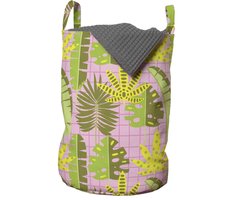 ABAKUHAUS Exotische waszak, Tropische bladeren op ruitpatroon, Wasmand met handvatten, Trekkoordsluiting, Voor wasserettes, 33 cm breed x 49 cm hoog, Multicolor
