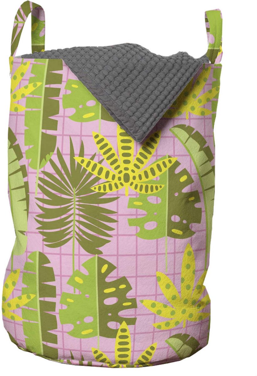 ABAKUHAUS Exotische waszak, Tropische bladeren op ruitpatroon, Wasmand met handvatten, Trekkoordsluiting, Voor wasserettes, 33 cm breed x 49 cm hoog, Multicolor