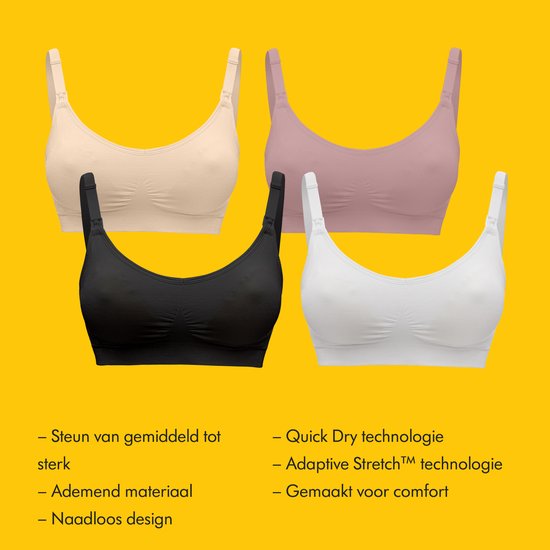 Quatre soutiens-gorge d'allaitement dans les couleurs nude, rose, noir et blanc, avec technologie 'Adaptive Stretch'.