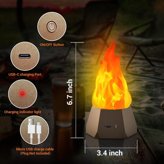 Fake fire lamp, oplaadbare vlamloze verlichting met LED verlichting met knipperende vlammen, ideaal voor outdoor camping, vakantie, halloween, kerstmis en thanksgiving tafels, binnenplaats decoratie, in 3 modi. — afbeelding 5