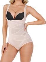 Vrouw, voor-zijkant, draagt beige corrigerende bodysuit met mesh details.
