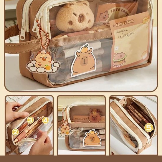 Namajunas - Trousse Capybara - Trousse pour Garçons et Filles - Étuis scolaires - Avec 6 Stylos Capybara et une peluche Capybara - 5 compartiments - Fournitures scolaires