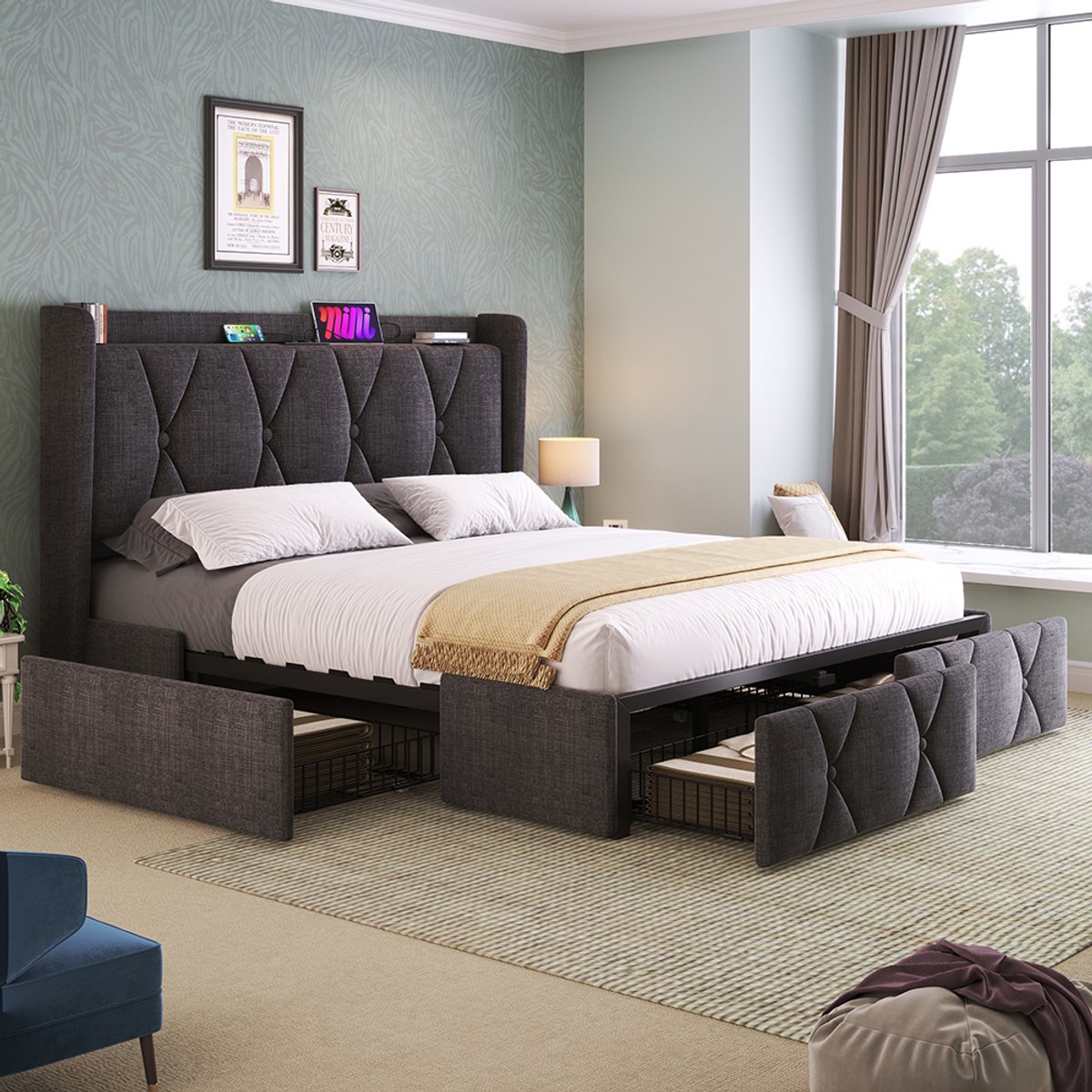 YEHTOKHOME Gestoffeerd bed met USB C-type oplaadfunctie en 4 lades - Tweepersoonsbed 160x200 cm met opbergruimte - Opbergbed - Houten lattenbodem - Linnen - Grijs (zonder matras)