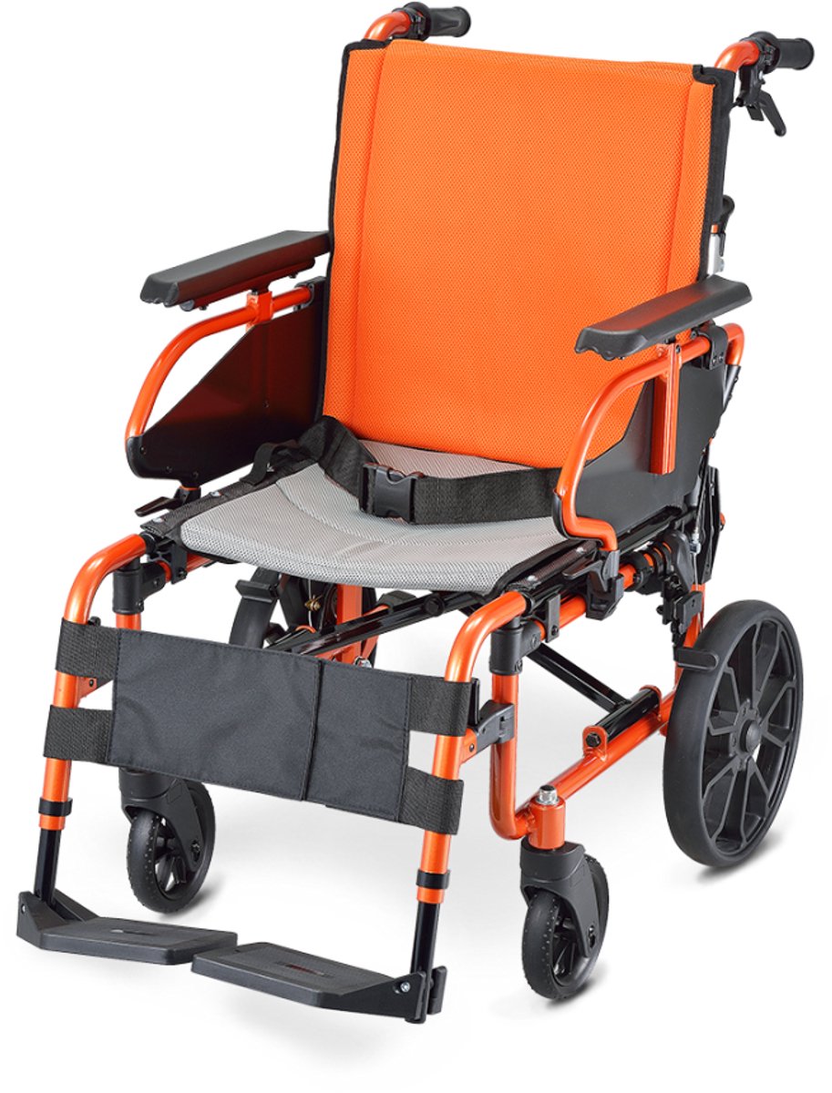 winco Lite Rolstoel – Veilig, Wendbaar & Compact – Met Trommelrem, Verstelbare Beensteunen & Ademend Zitkussen - Oranje