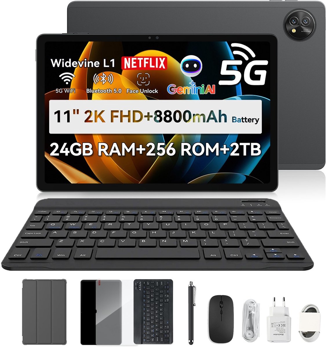 Blackview Zeno 10 tablet, 11 inch FHD 1920*1200, 5G Android 15 Gemini AI Unisoc T8200, 24 GB RAM + 256 GB ROM, 8800 mAh, PC-modus, Widevine L1, gezichtsherkenning, 16 MP + 13 MP, GPS, OTG, gamingtablet met toetsenbord en pen