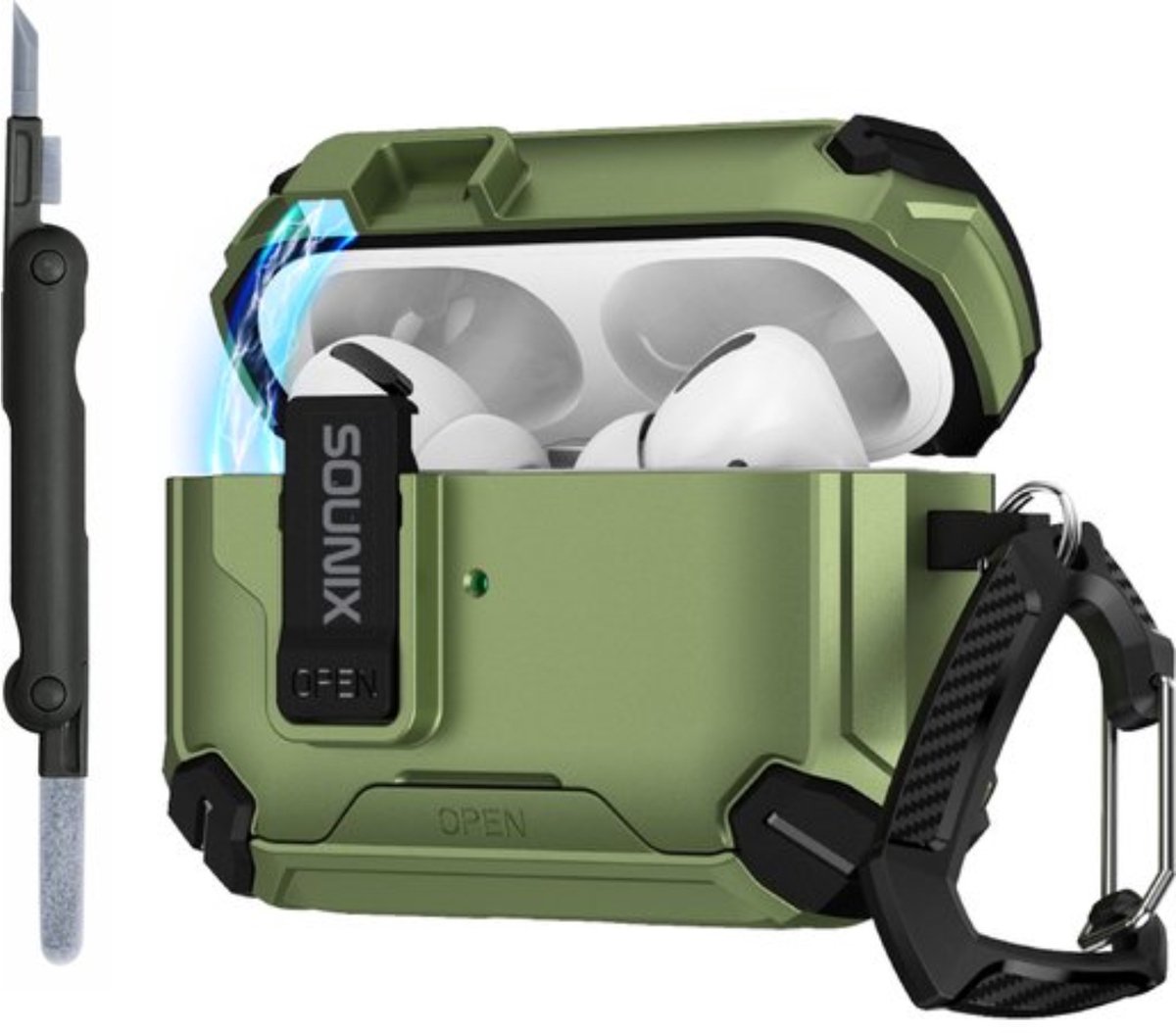 Sounix Hoesje geschikt voor Airpods Pro 1 / 2 - Met schoonmaak borstel - Airpods Pro Hoesje - Armor Case met Lock - Legergroen
