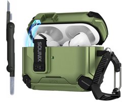 Sounix Hoesje geschikt voor Airpods Pro 1 / 2 - Met schoonmaak borstel - Airpods Pro Hoesje - Armor Case met Lock - Legergroen