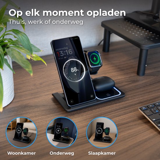 Nuvance Draadloze Oplader - 3 in 1 - 15W - Oplaadstation - Snellader - Wireless Charger - Geschikt voor Apple Smartwatch & Oortjes