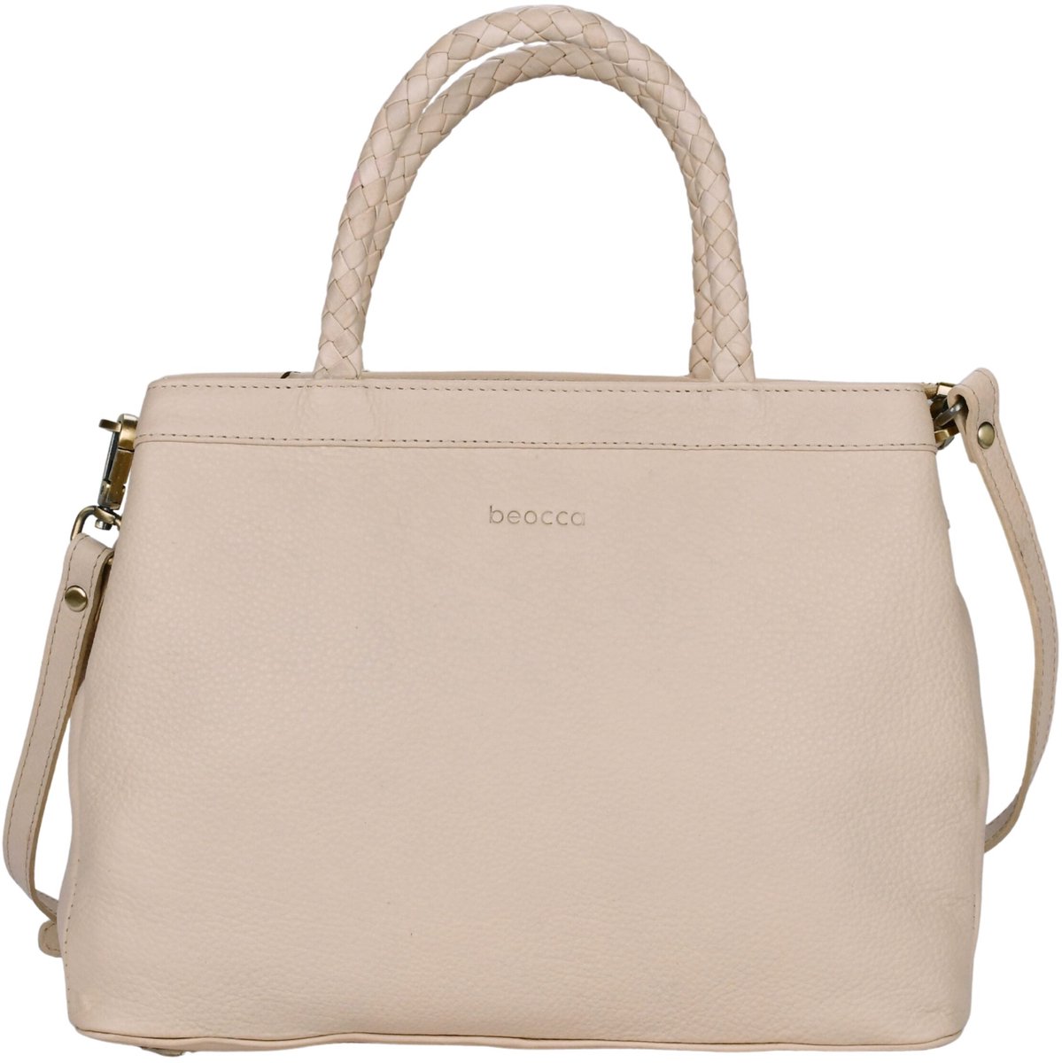 Beocca Beau Leren Handtas Dames - Mid-size Tas van Plantaardig Gelooid Leer - Handgemaakt - Gevlochten Handvatten - Gouden Details - Duurzaam en Elegant - Beige