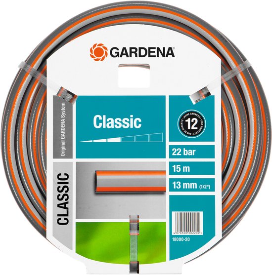 GARDENA Classic tuinslang, 15m, Ø 13mm, 22 bar, grijs met oranje accenten.