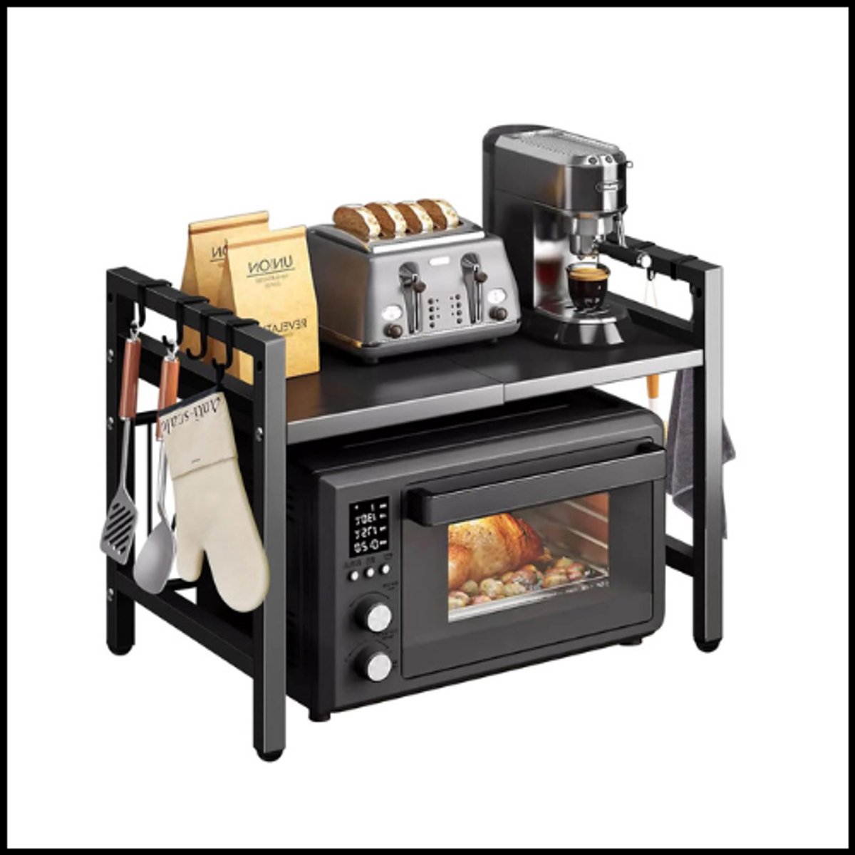 Uitbreidbaar magnetronrek zwart – aanrechtopbergrek – verstelbare breedte 42-64 cm – vocht- en roestbestendig – stevig metalen frame – ruimtebesparend keukenrek – modern design