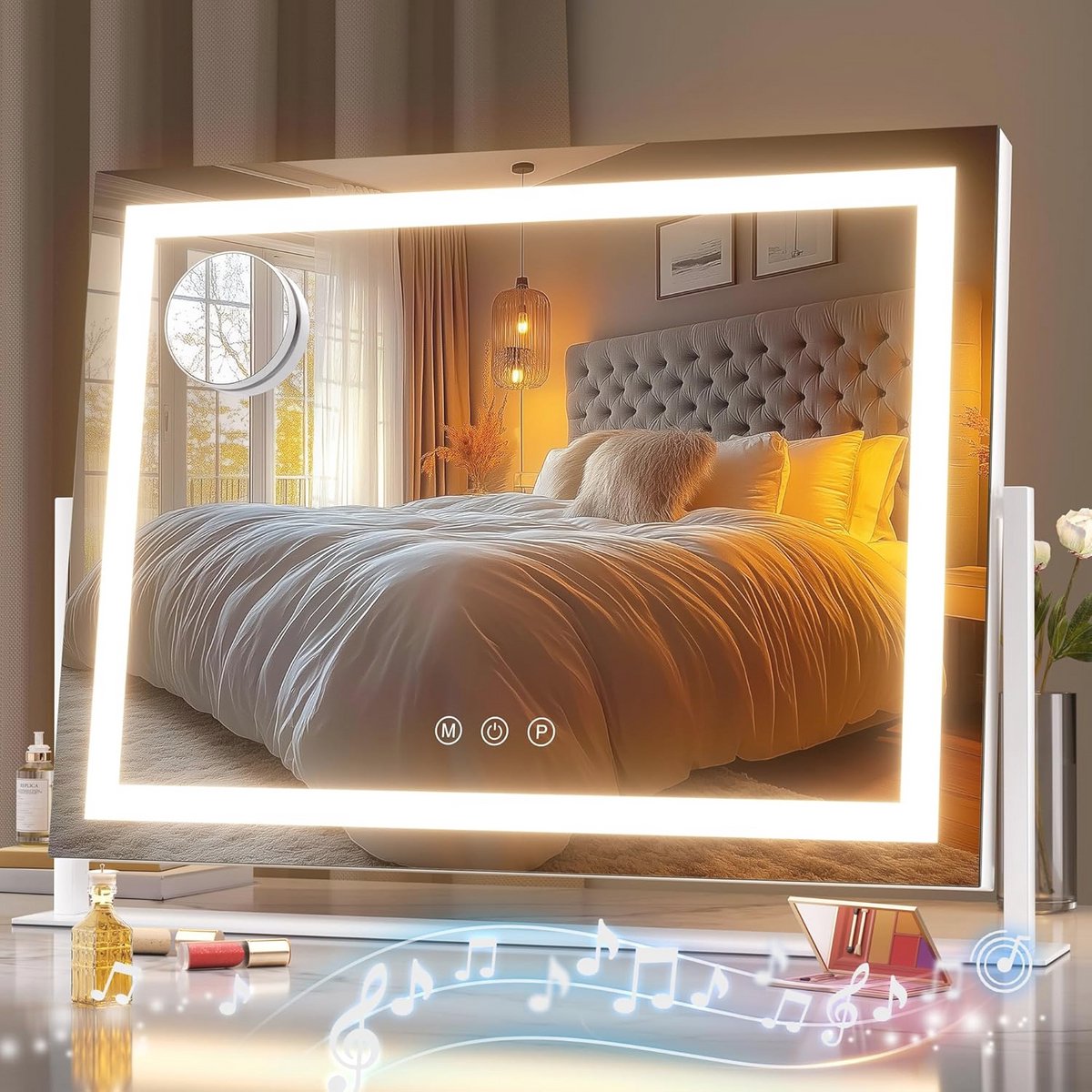 Make-upspiegel met Verlichting en Bluetooth-Luidspreker - Dimbare LED Oplichtspiegel met 10x Vergroting en Smart Touch