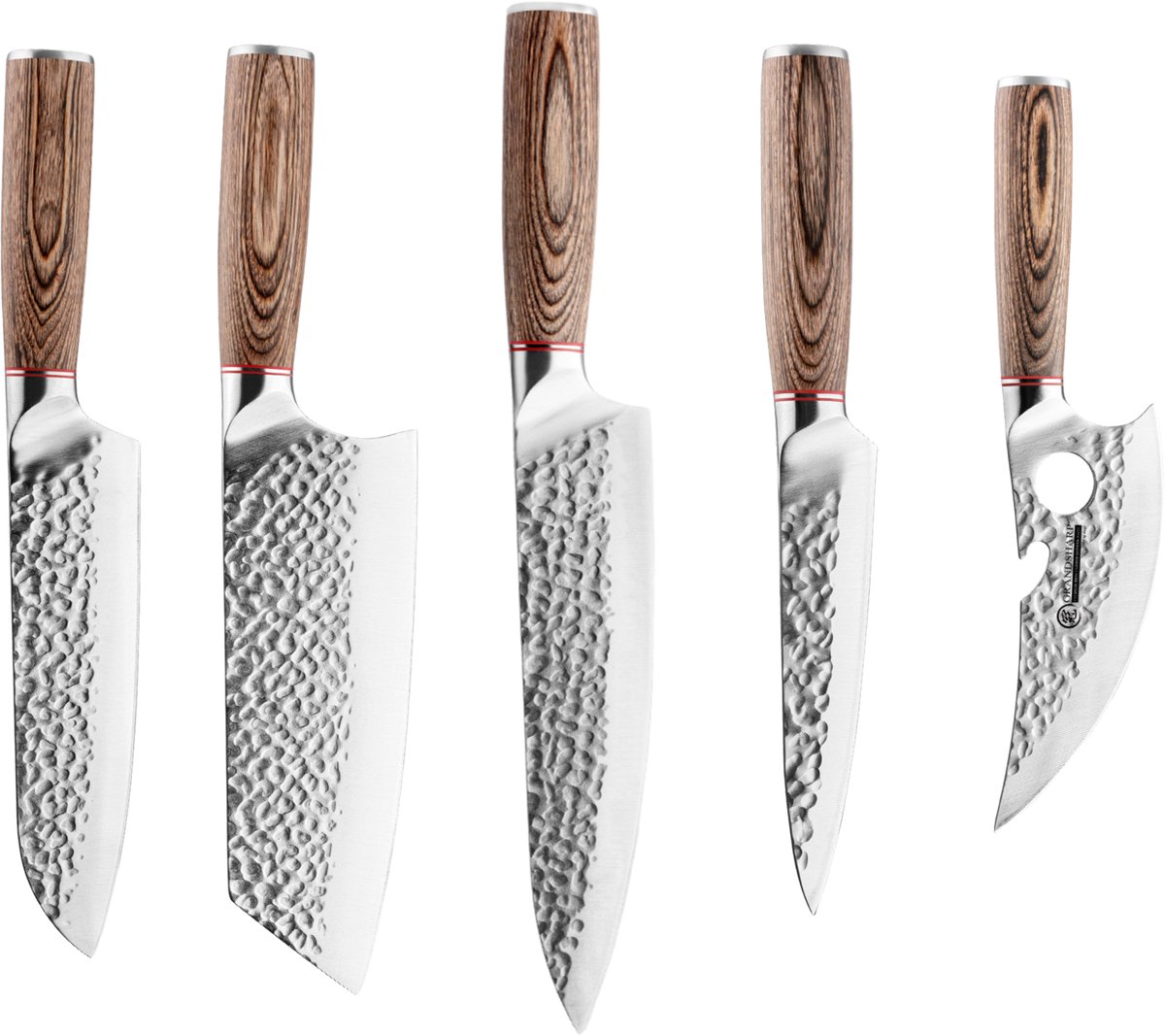 Dastium Home - 5 Delige Hamerpatroon Messenset - Damascus Stijl Japanse Keukenmessen - Messen Met Damascus Print - Met Ergonomisch Pakkahouten Handvat - Koksmes - Nakirimes - Santokumes - Universeel mes - Slagersmes