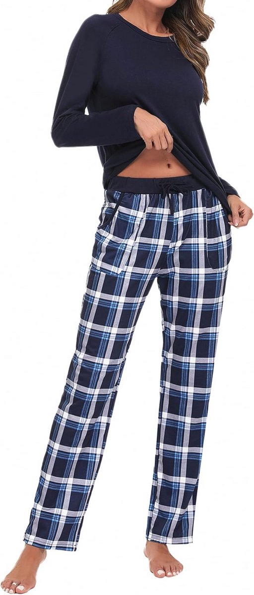Damespyjama Set Katoen Geruit Lange Mouwen Loungekleding XXL