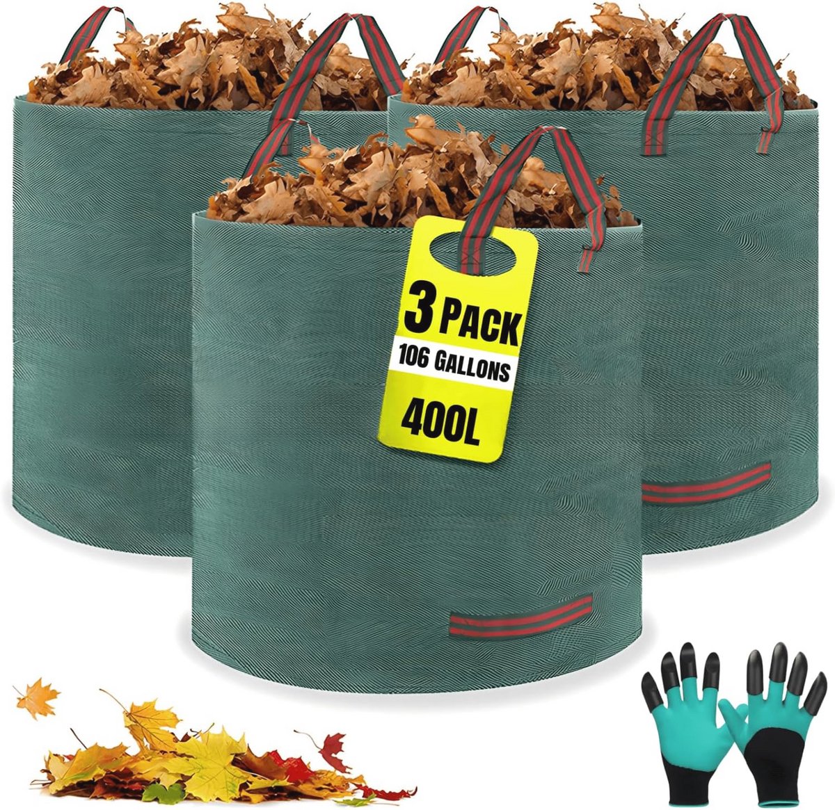 3 x 400 L Tuinzakken Set - Duurzaam, Waterdicht en Corrosiebestendig - Inclusief Handschoenen en Handgrepen