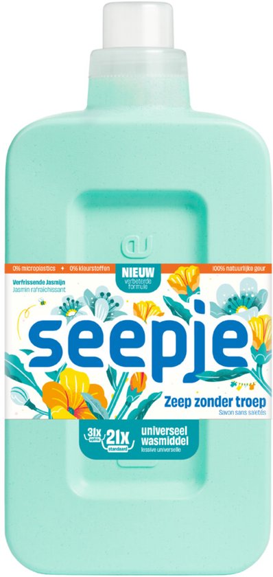 Lichtblauwe fles met "seepje" logo, jasmijnbloesems en blaadjes. "Zeep zonder troep, universeel wasmiddel".