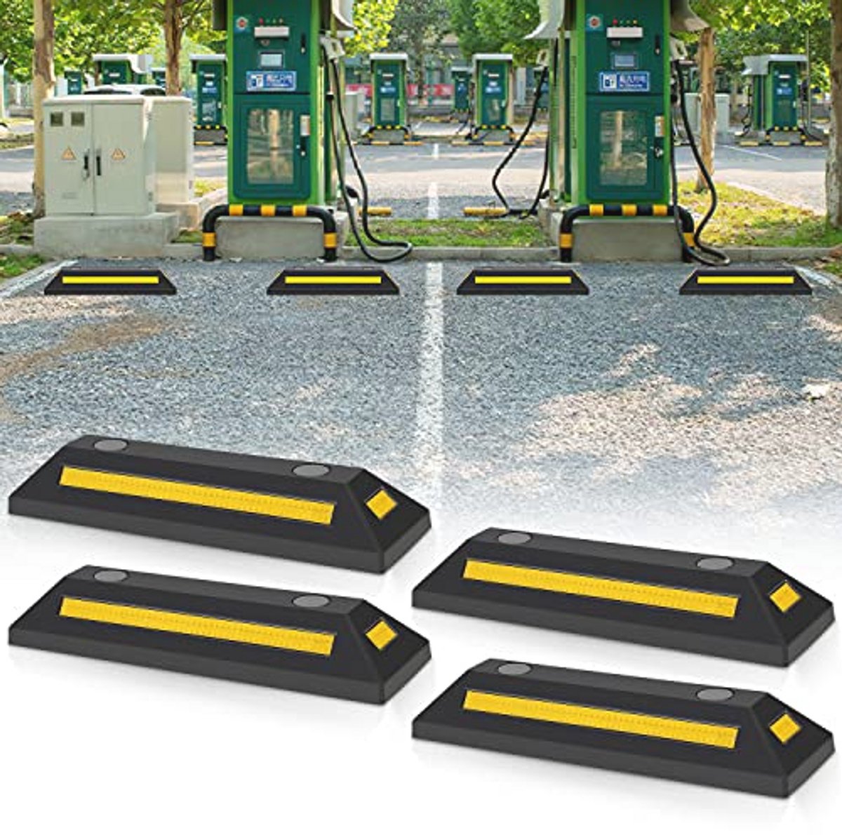 Pack van 4 Rubberen Wielstopper - Parkeerblok met Reflecterende Strips voor Garage en Parkeerplaats