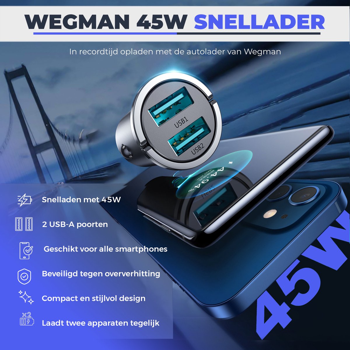Wegman 45W Autolader 2x USB-A Snellader QC3.0