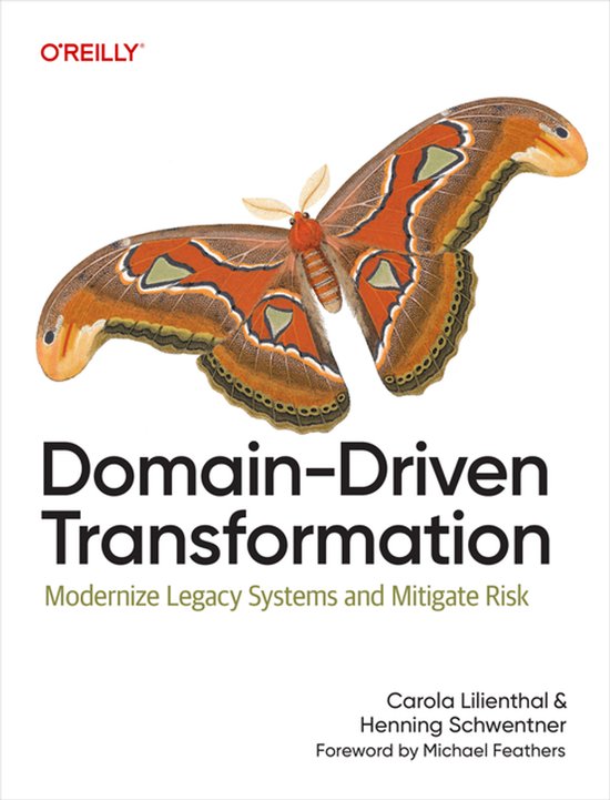 O'Reilly boek 'Domain-Driven Transformation' met een grote oranje vlinder met groene accenten op de deksel.