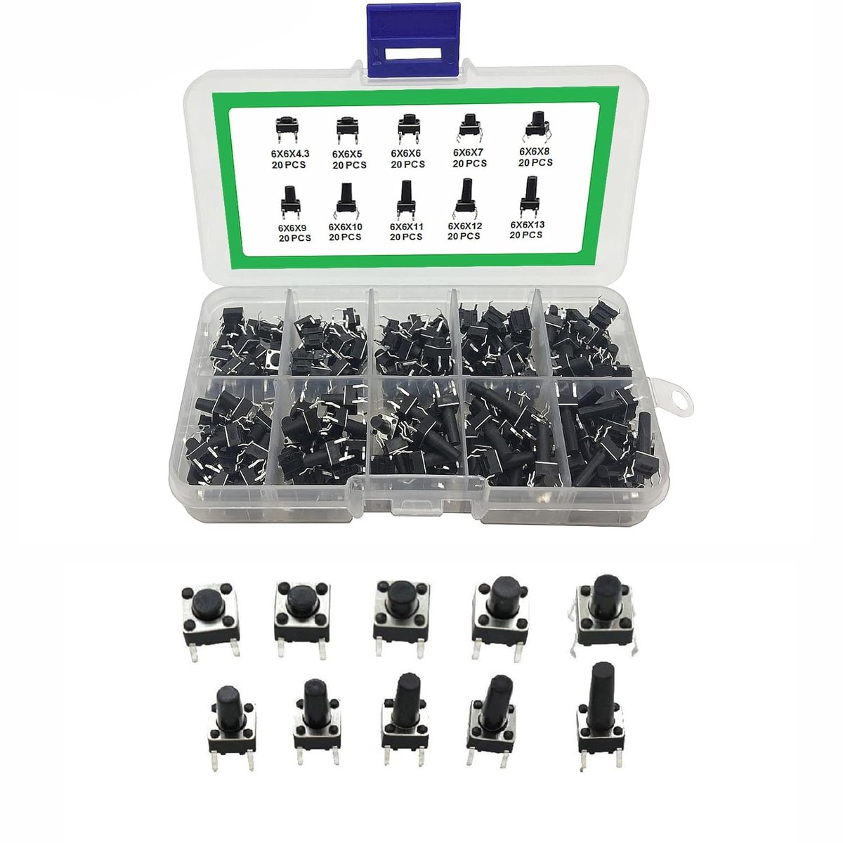 Tactile Pushbutton Switch - Micro Momentary Tact Assortment Kit - Micro Switch - Tactical Pushbutton Switch - Tactile Push Button - Micro Key Switches - 4 Pins - 200 Pieces - Elektronische Componenten - Schakelaar Accessoires