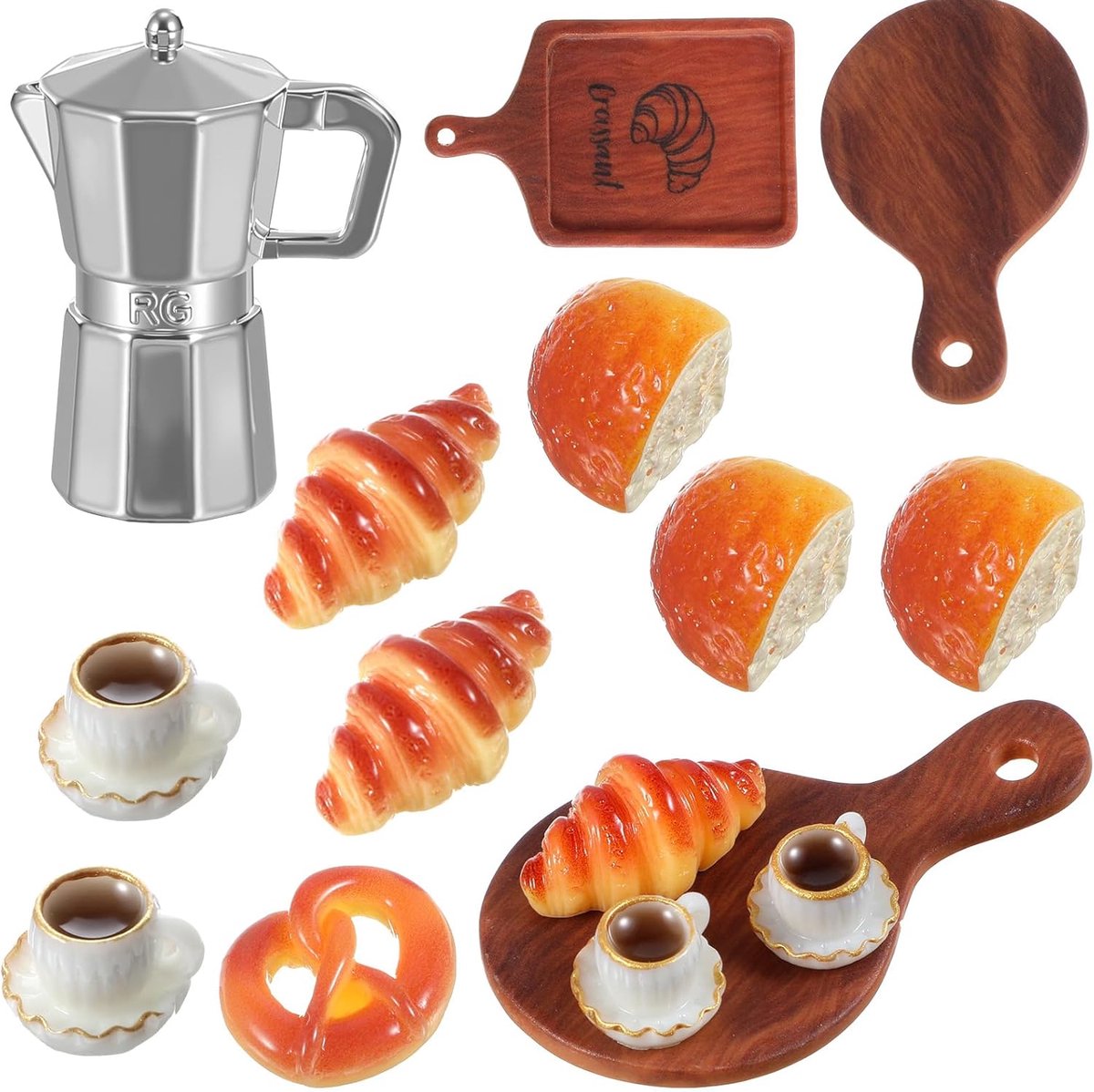 Miniature Brood en Koffieservice - Keukenaccessoires - Gemaakt van IJzer en Hars - Miniatuurdecoratie 1:12 Schaal - 12 Stukken
