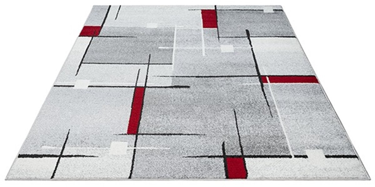 Modern Geometrisch Laagpolig Vloerkleed – Grijs, Zwart & Rood Stijlvolle Blikvanger-200 x 280 cm