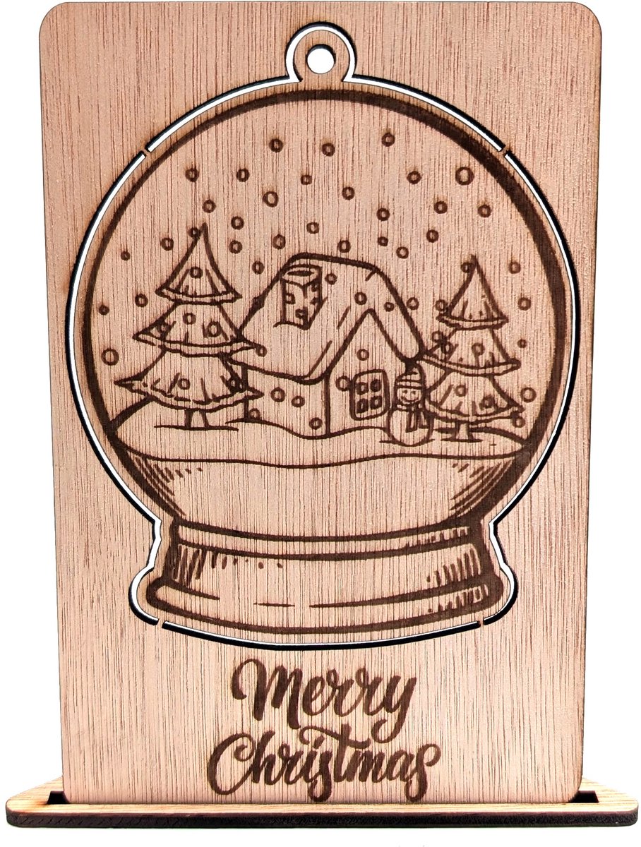 Houten kerstkaart - Uitdrukbare sneeuwbol - kerstkaarten - kerstkaarten met envelop - luxe kerstkaarten